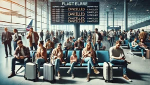 Eine geschÃ¤ftige Flughafenhalle mit Passagieren, die von einem Flugstreik betroffen sind. MÃ¤nner, Frauen und Kinder warten mit GepÃ¤ck, wÃ¤hrend sie frustriert ihre Mobiltelefone Ã¼berprÃ¼fen oder besorgt auf Anzeigetafeln mit 'Cancelled'-Mitteilungen blicken. Die AtmosphÃ¤re spiegelt die Unsicherheit und Anspannung wider, die durch den Ausfall von FlÃ¼gen entstehen.