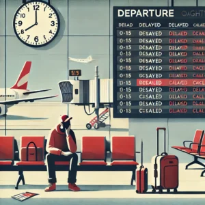 Ein gestresster Reisender sitzt auf einer Flughafenbank mit GepÃ¤ck, wÃ¤hrend er auf eine Anzeigetafel blickt, die mehrere FlugverpÃ¤tungen und Flugannullierungen in roten Buchstaben zeigt. Im Hintergrund sind ein leerer Abflugbereich, eine Uhr mit spÃ¤ter Stunde und ein geparktes Flugzeug auf dem Rollfeld zu sehen. Die Szene vermittelt das GefÃ¼hl von Frustration und Reisechaos.