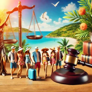 Visualisierung des Themas Reiserecht mit Urlaubern in lockerer Sommerkleidung vor einer malerischen Strandlandschaft. Im Vordergrund stehen ein Richterhammer und die Waage der Gerechtigkeit, die rechtliche Aspekte wie ReiserÃ¼cktritt, Pauschalreisen und Flugannullierung symbolisieren.
